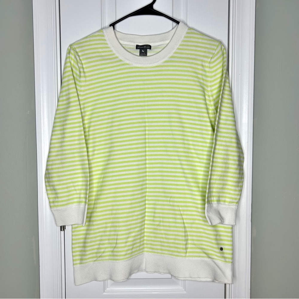 Eddie Bauer Green and White Striped Preppy Casual Crewneck Pullover